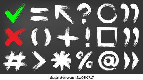 Punctuation check mark sign ink chalk flat set. Highlight text math study typography grunge font graffiti brush texture symbol multiply divide percentage exclamation question bracket arrow frame grid