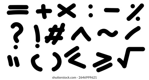 Sinal de marca de verificação de pontuação giz de tinta conjunto plano. Realçar texto matemática estudo tipografia grunge fonte graffiti pincel textura símbolo multiplicar dividir porcentagem exclamação questão colchete seta quadro grade