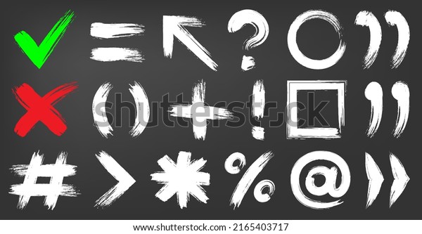 Punctuation check mark sign ink chalk flat set.\
Highlight text math study typography grunge font graffiti brush\
texture symbol multiply divide percentage exclamation question\
bracket arrow frame\
grid