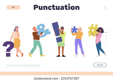 Punctuation concept, landing page design template with people holding grammar sign and symbol