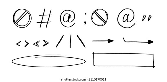 Punctuation doodle signs and symbols. Handwriting sketch arrows, rectangle and ellipse. Scribble quotes and colon marks for notes. Vector illustration isolated on white background.