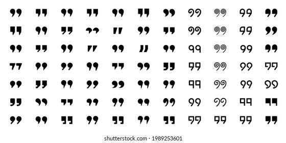 Punctuation flat mark set. Quote icons for conversation, quote, comments. A symbol for highlighting direct speech, quotes, references and names. Silhouette and outline of double comma. Vector elements