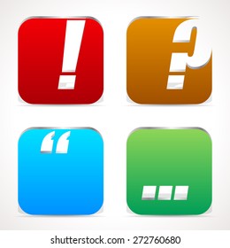 Punctuation mark icons. Exclamation point, question mark, quote mark and ellipses. Metallic 3d effect