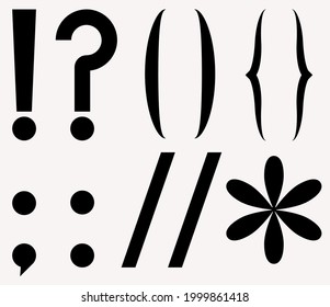 Punctuation marks in black on a white background. Question mark, exclamation mark, brackets, semicolon, comma.