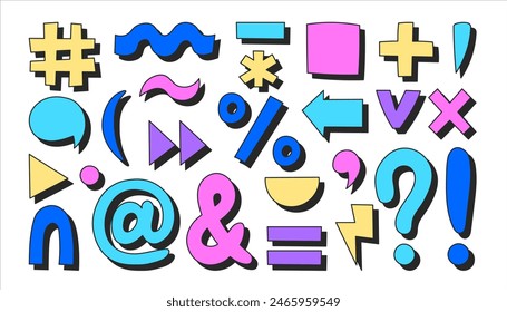 Punctuation marks colorful design elements Set. Collection of hand drawn computer keyboard symbols and signs. Decorative education stickers for student kids children classroom