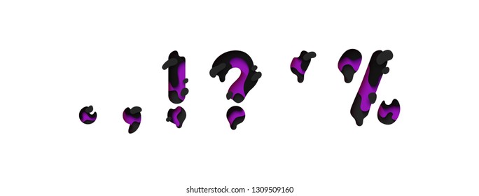 	
Punctuation marks comma point, an exclamation and interrogative, sing question. Design 3d sign isolated on white background. Alphabet font of melting liquid.