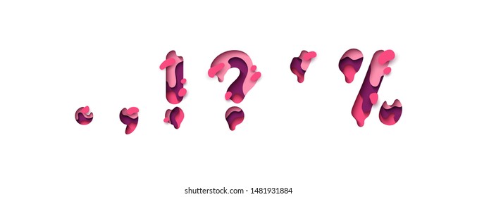 Punctuation marks comma point, an exclamation and interrogative, sing question. Design 3d sign isolated on white background. Alphabet font of melting liquid.