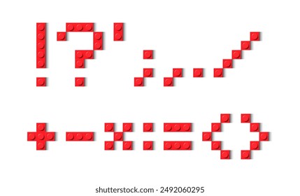 Punctuation marks composed of red plastic brick toy blocks on white background. Building bricks font. Vector background illustration