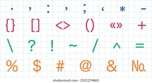 Punctuation marks. Font for writing. Signs and symbols. Punctuation icons set.