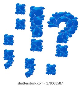 Punctuation marks in the form of blue drops