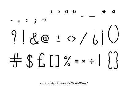 Punctuation marks, period, comma, ampersand, question, exclamation, brackets simple hand drawn symbols, typography vector illustration, mathematics, orthography, text separation