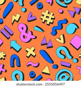 Punctuation Marks Seamless Pattern. Modern vibrant colored background with various falling symbols. Abstract repeat vector illustration. Education backdrop