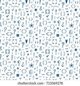 Punctuation Marks Vector Seamless Pattern. Hand Drawn Doodle Question Mark, Exclamation Mark, Parenthesis, Quotation Marks, Checkmarks, Ampersand, Arrow