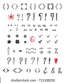 Punctuation Marks Vector Set. Hand Drawn Doodle Question Mark, Exclamation Mark, Parenthesis, Quotation Marks, Checkmarks, Ampersand, Arrow