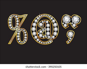 Punctuation, Percentage, At Sign, Quotes, Comma in stunning Diamond precious round jewels set into a 2-level gold gradient channel setting, isolated on black. Vector EPS-10 file, transparency used. 