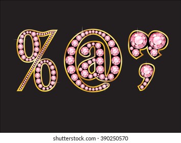 Punctuation, Percentage, At Sign, Quotes, Comma in stunning Rose Quartz semi-precious round jewels set into a 2-level gold gradient channel setting, isolated on black. 
