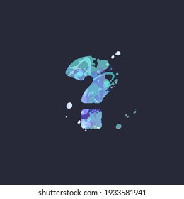 Punctuation symbol question mark with effect of liquid spots of paint in blue, white, purple colors on dark navy background. Decoration element for winter design of a flyer, poster, calendar, cover