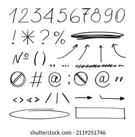 Punctuation symbols. Asterisk, brackets and question mark, exclamation mark. A set of punctuation marks and numbers. Writting doodle elements isolated on white background.