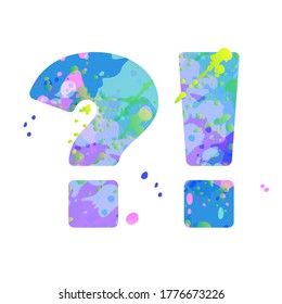 Punctuation symbols question mark, exclamation mark painted in blue, green, pink colors, isolated on white background. Decoration element for design of a flyer, poster, calendar, cover, title.