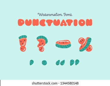 Punctuation symbols for vector watermelon font. Cute watermelon symbols carved from slices of watermelon with seeds and small highlights isolated on background. Fruit summer font for children goods.