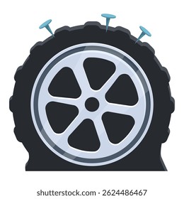 Neumático de automóvil perforado con clavos que causan daños, que requieren reparación o reemplazo para una conducción segura