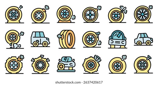 Punctured car tire set with various causes of damage, such as nails, glass shards, and potholes, highlighting the importance of car maintenance
