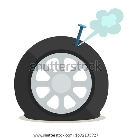 Punctured car tyre, flat tire. Nail or screw in the auto tyre. Vector illustration, flat design element, cartoon style, isolated on white background.