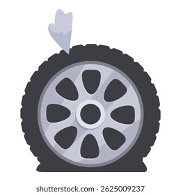 Punctured car wheel is leaking air, making it flat and unusable, requiring repair or replacement