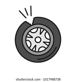 Punctured tire color icon. Isolated vector illustration