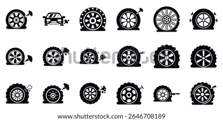 Punctured wheel icons set. Flat tire icons set showing nail puncturing wheel and deflating car tire with pressure loss and simple glyph style