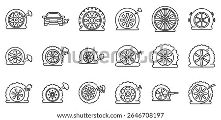 Punctured wheel icons set. Set of simple black and white icons depicting various stages of flat tire deflation, puncture, and repair
