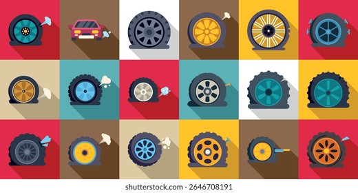 Conjunto de ícones de roda perfurados. Dezesseis ícones representando pneus planos, com várias causas e estilos, úteis para projetos relacionados a automóveis, reparos e transporte