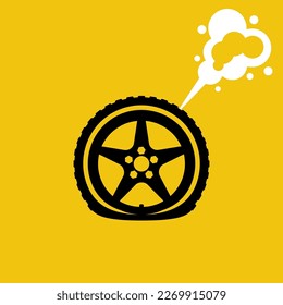 Punctured wheel silhouette icon. Black sign car tire with a punctured wheel. Deflated automobile tire. Vector illustration flat design. Isolated on white background.