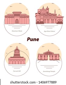 Pune City Iconic Places Line Art Icon Vector Set