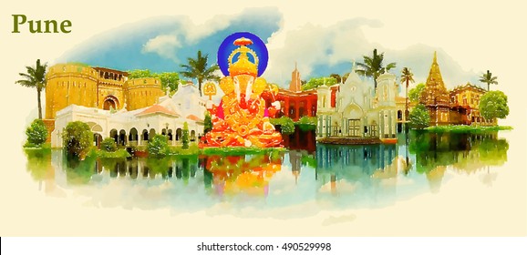 PUNE city water color vector panoramic illustration