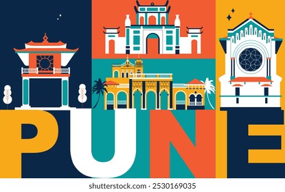 Conjunto de viajes de la cultura de Pune, arquitecturas famosas de la India y especialidades en diseño plano. Clipart de concepto de viajes de negocios y turismo. Imagen de presentación, Anuncio, Sitio web, anuncio, volante, hoja de ruta