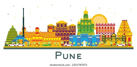 Pune el horizonte de la ciudad de India con los edificios de color aislados en blanco. Ilustración vectorial. Concepto de viajes de negocios y turismo con edificios históricos. Pune el paisaje urbano con los monumentos.