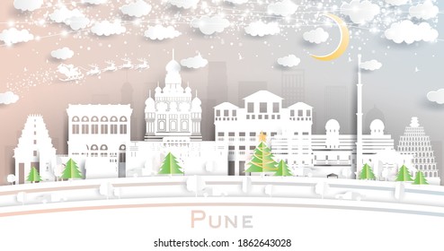 Pune India City Skyline in Paper Cut Style with Snowflakes, Moon and Neon Garland. Vector Illustration. Christmas and New Year Concept. Santa Claus on Sleigh.