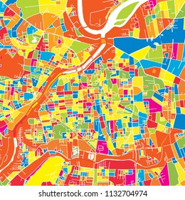 Pune, India, colorful vector map.  White streets, railways and water. Bright colored landmark shapes. Art print pattern.