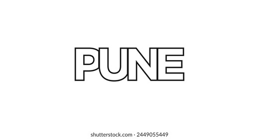 Pune en el emblema de la India. El diseño presenta un estilo geométrico, Ilustración vectorial con tipografía audaz en un estilo moderno. La letra gráfica del eslogan.