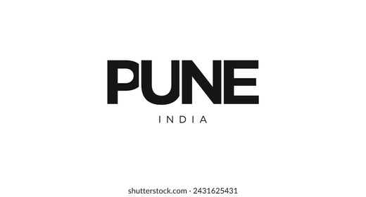 Pune en el emblema de la India para impresión y web. El diseño presenta estilo geométrico, ilustración vectorial con tipografía audaz en fuente moderna. Letras de eslogan gráfico aislado sobre fondo blanco.