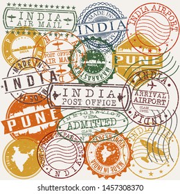 Pune India Set of Stamps. Travel Stamp. Made In Product. Design Seals Old Style Insignia.