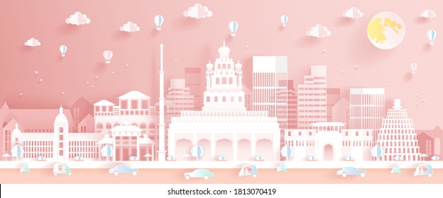 Pune India, Travel Cityscape y Skyline Vector Panorama con fondo rosa.