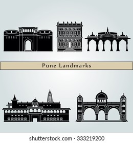 Pune Landmarks And Monuments Isolated On Blue Background In Editable Vector File