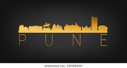 Pune, Maharashtra, India Gold Skyline City Silhouette Vector. Diseño Dorado Símbolos Icono Estilo Lujo. Edificios famosos de viajes y turismo.