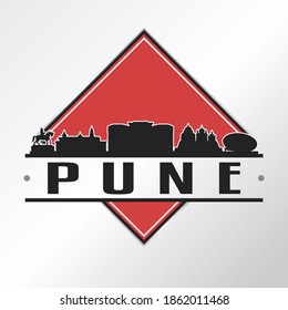 Pune, Maharashtra, India Skyline Logo. Ilustración de vectores de diseño de paisajes de aventura.