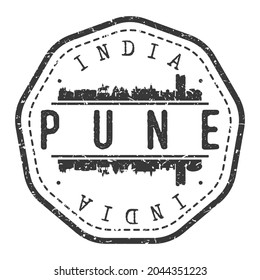 Pune, Maharashtra, India Stamp Skyline Postmark. Pasaporte postal de Silhouette. Icono de vector de redondeo de ciudad. Diseño de rehenes vintage.