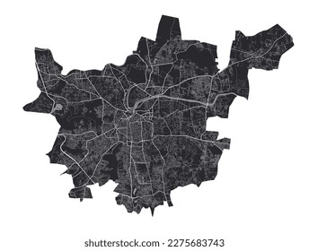 Pune map. Mapa vectorial detallado del área administrativa de la ciudad de Pune. Vista de la aria metropolitana de Cityscape poster. Tierra negra con caminos blancos y avenidas. Fondo blanco.