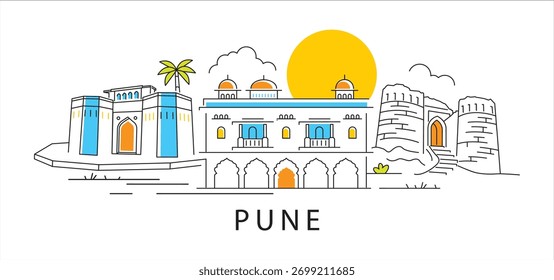 Pune Monuments Composition Vector Graphic Illustration Design With Heritage Architecture City Skyline Artwork