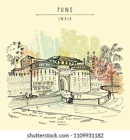 Pune (Puna, Poona), Maharashtra, India. Fuerte Shaniwar Wada, lugar histórico, construido en 1732. Dibujo de viajes arte. Postal manuscrita vintage en vector